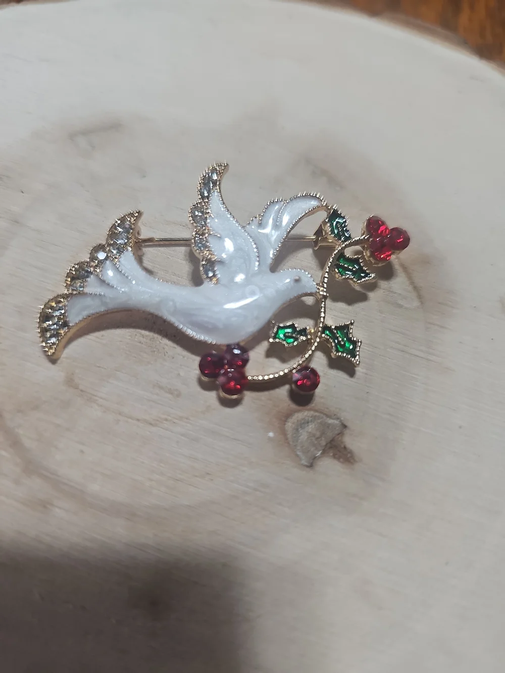 White Dove Brooch with Red & Green Accents - Brand: